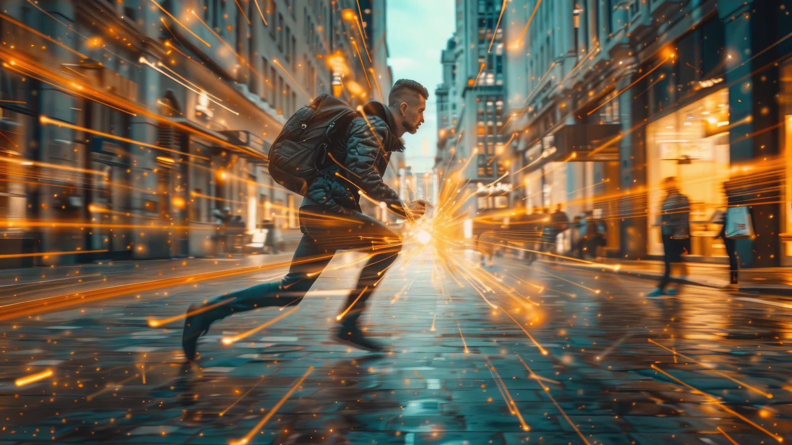 A runner on a track at dawn with blurred city lights and scattered newspaper pages in the wind