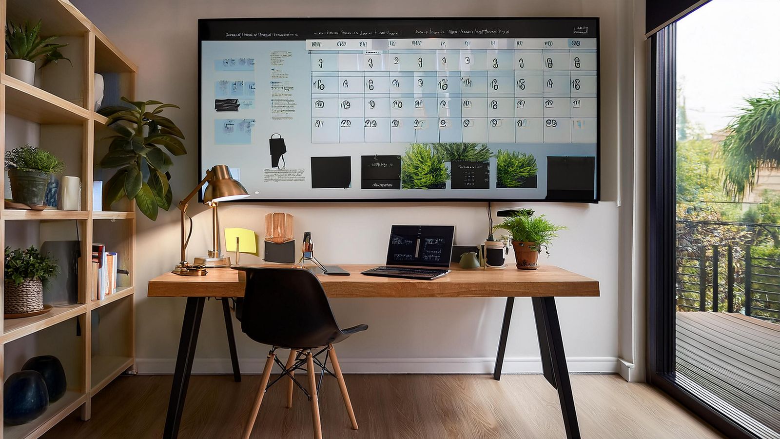 An office desk with a tidy inbox, a calendar, and an automated workflow diagram pinned to the wall